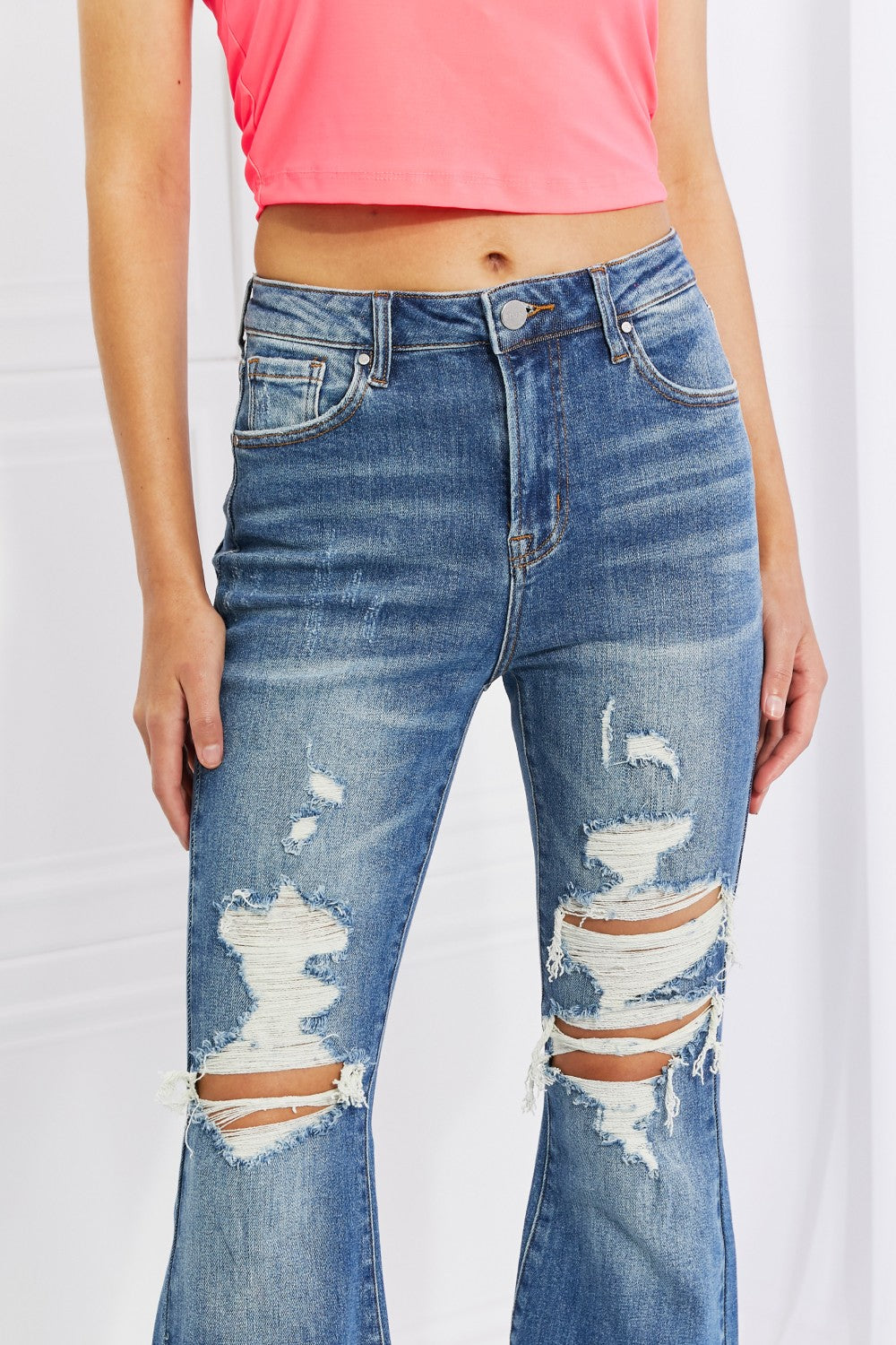 RISEN Full Size Hazel High Rise Distressed Flare Jeans-Teresa&#39;s Fashionista LLC