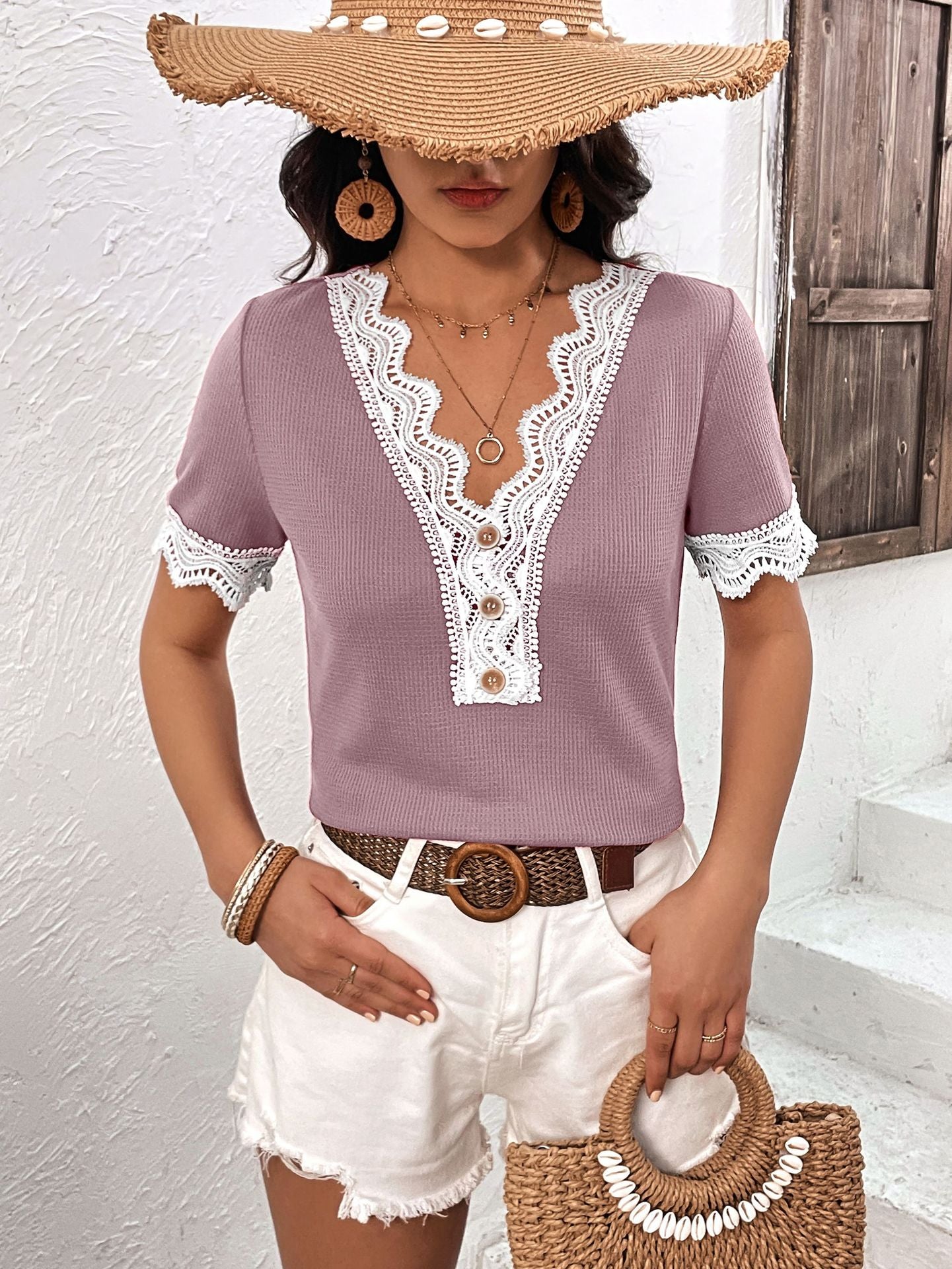 Decorative Button Spliced Lace Short Sleeve Top-Teresa&#39;s Fashionista LLC