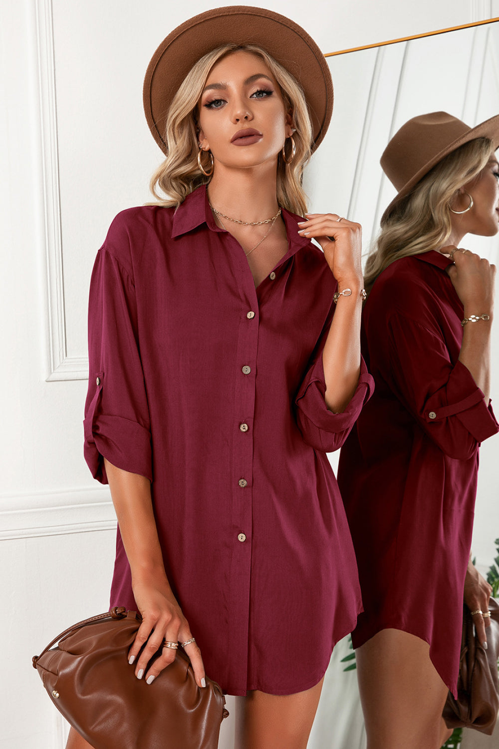 Solid Button Up Drop Shoulder Blouse-Teresa&#39;s Fashionista LLC