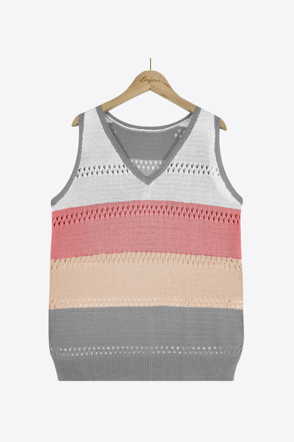 Striped Openwork V-Neck Knit Tank-Teresa&#39;s Fashionista LLC