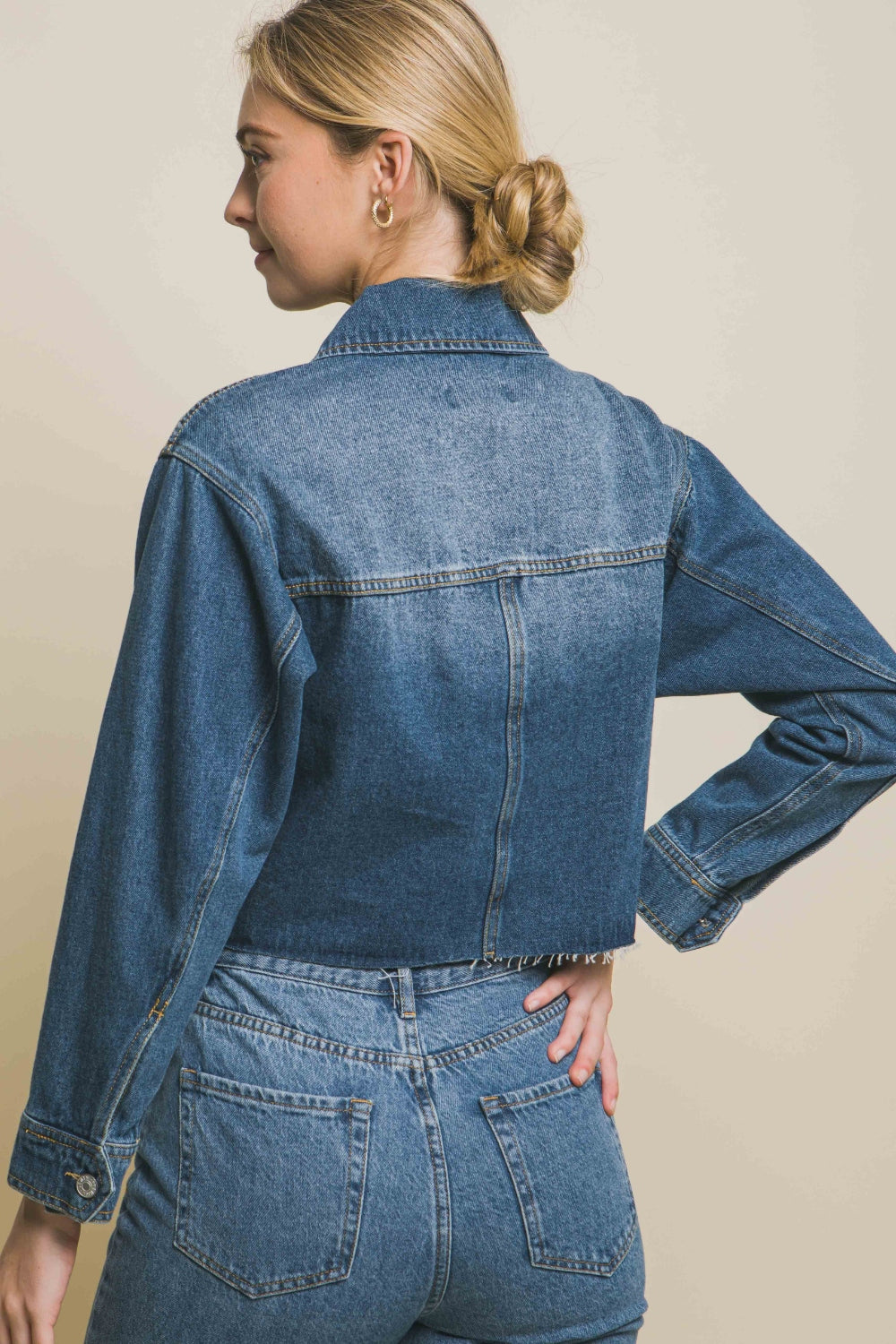 LOVE TREE Raw Hem Button Up Cropped Denim Jacket-Teresa&#39;s Fashionista LLC