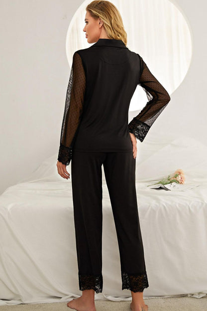 Spliced Lace Lapel Collar Pajama Set-Teresa&#39;s Fashionista LLC