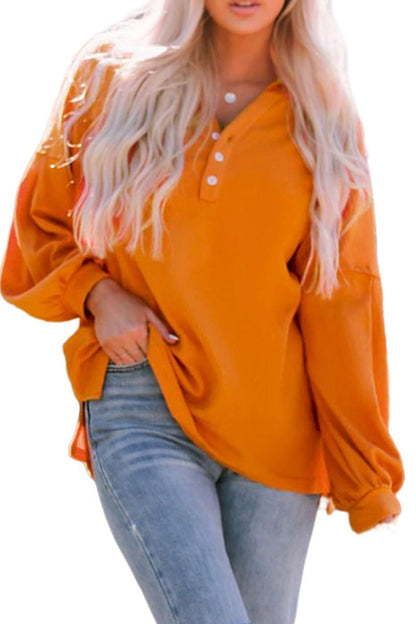 Puff Sleeve Side Slit Buttoned Waffle Knit Hoodie-Teresa&#39;s Fashionista LLC