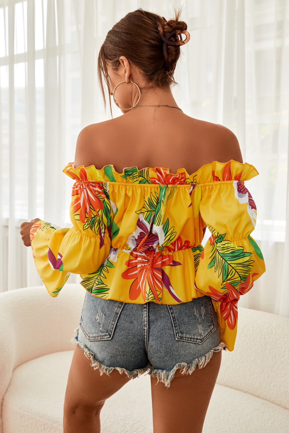 Floral Off-Shoulder Flounce Sleeve Peplum Blouse-Teresa&#39;s Fashionista LLC