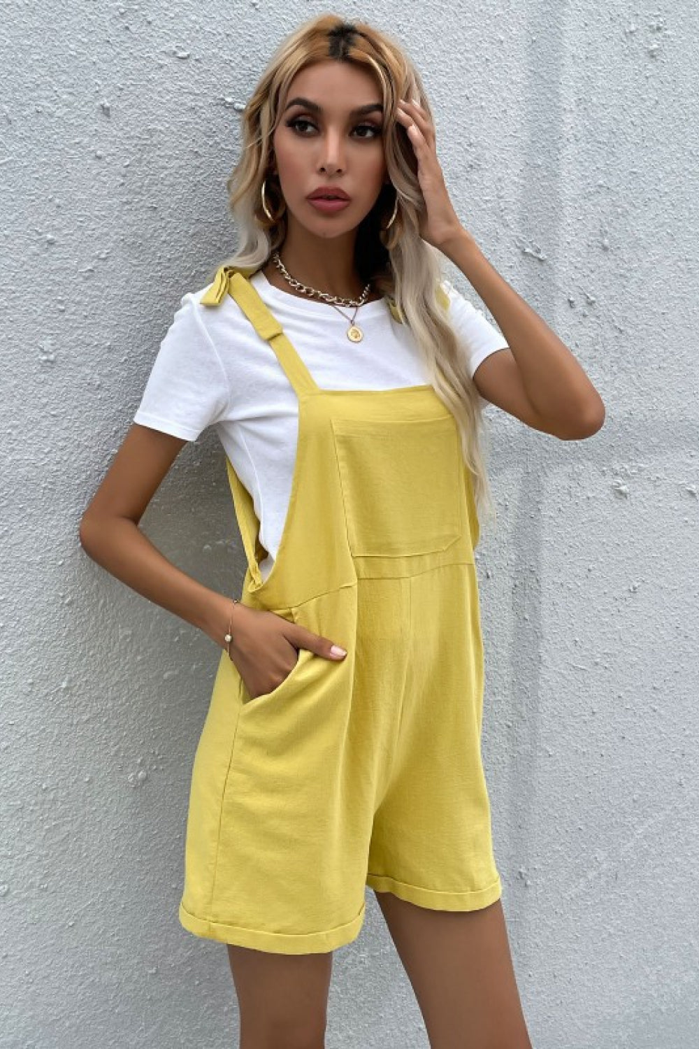 Tie Cuffed Short Overalls with Pockets-Teresa&#39;s Fashionista LLC