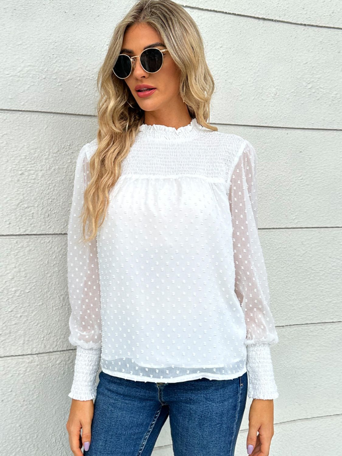 Swiss Dot Smocked Mock Neck Blouse-Teresa&#39;s Fashionista LLC