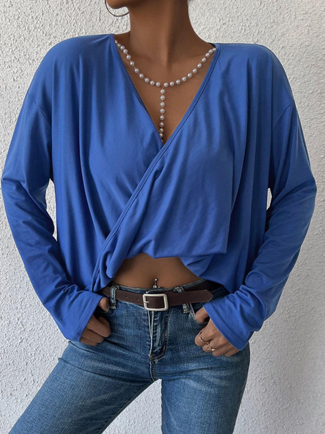 Long Sleeve Twisted Surplice Neck Blouse-Teresa&#39;s Fashionista LLC