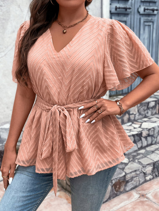 Plus Size V-Neck Flutter Sleeve Tie Waist Blouse-Teresa&#39;s Fashionista LLC