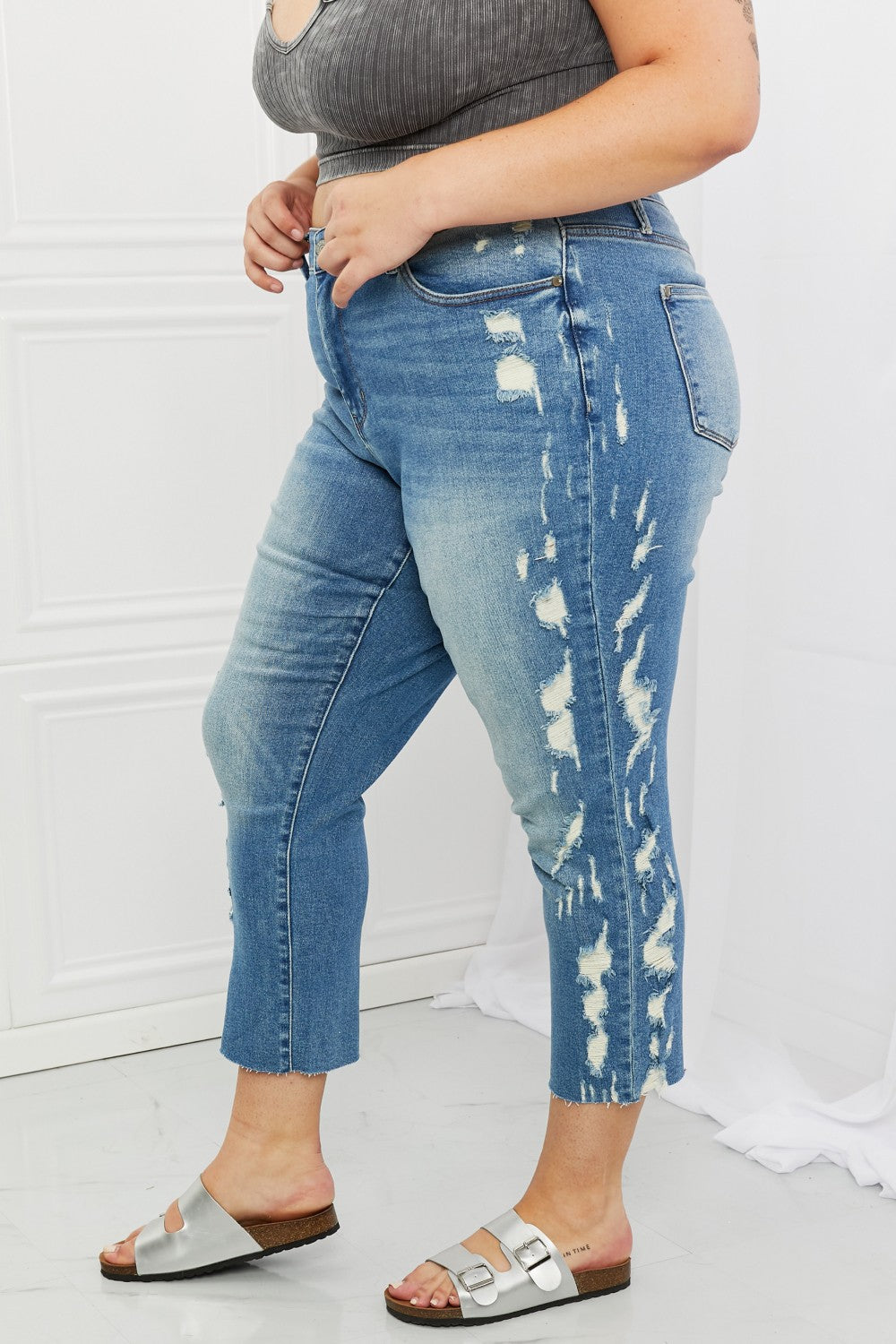 Judy Blue Laila Full Size Straight Leg Distressed Jeans-Teresa&#39;s Fashionista LLC