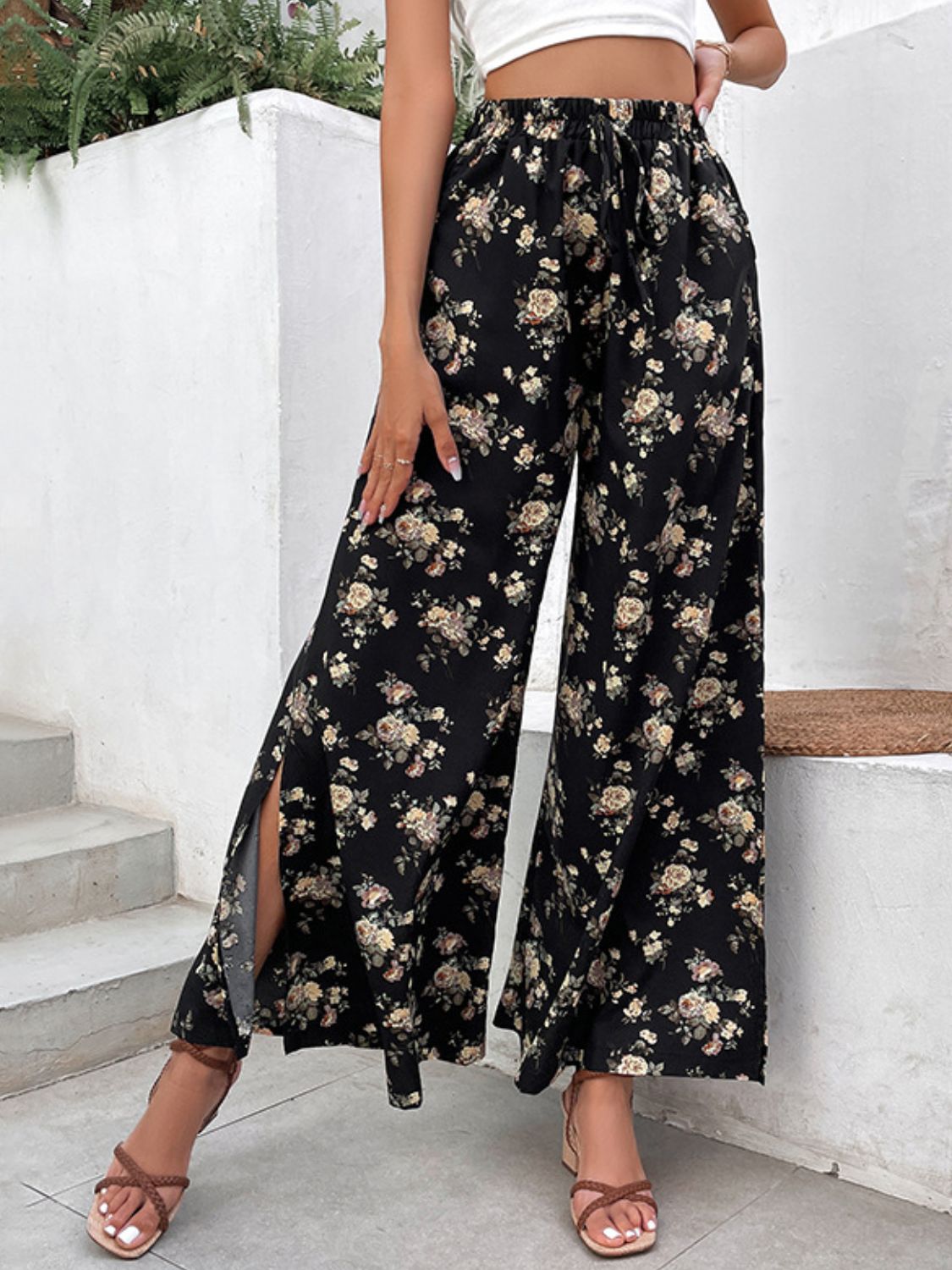 Floral Side Slit Wide Leg Pants-Teresa&#39;s Fashionista LLC