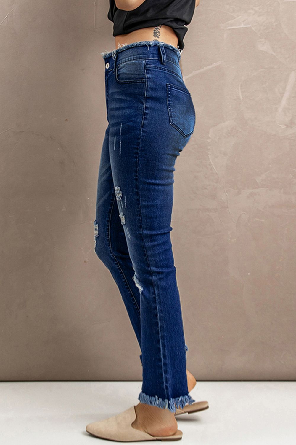 High Waist Distressed Raw Hem Jeans-Teresa&#39;s Fashionista LLC