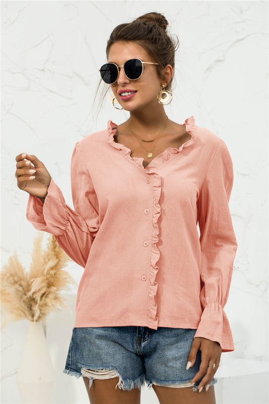 Frill Trim V-Neck Flounce Sleeve Shirt-Teresa&#39;s Fashionista LLC