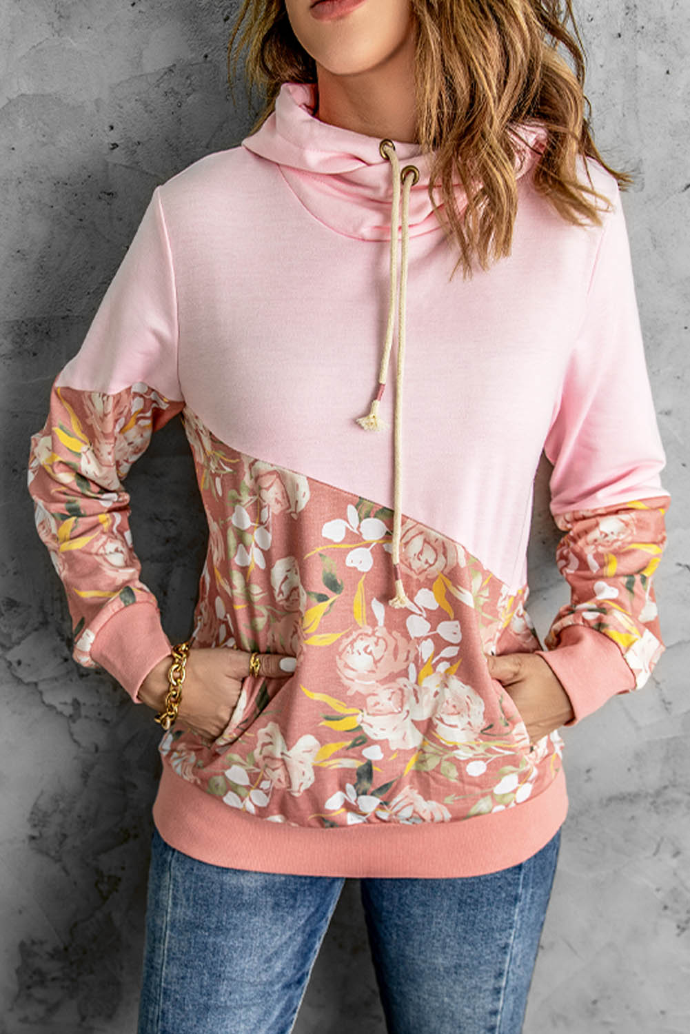 Floral Color Block Drawstring Hoodie-Teresa&#39;s Fashionista LLC