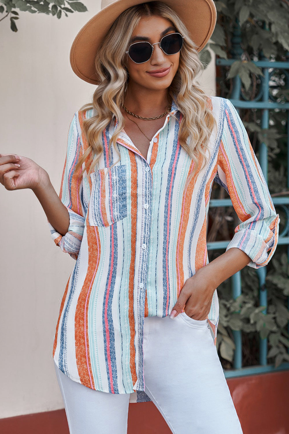 Striped Button-Up Curved Hem Shirt with Breast Pocket-Teresa&#39;s Fashionista LLC