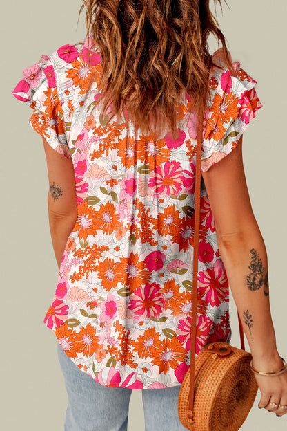 Floral Tie Neck Flutter Sleeve Blouse-Teresa&#39;s Fashionista LLC