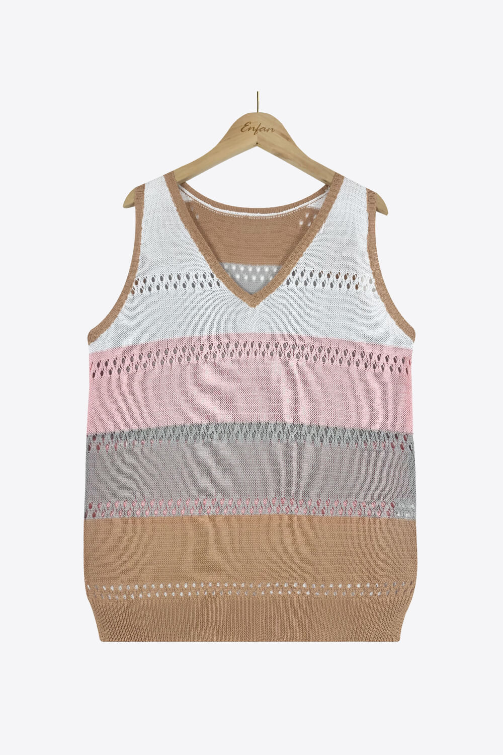 Striped Openwork V-Neck Knit Tank-Teresa&#39;s Fashionista LLC