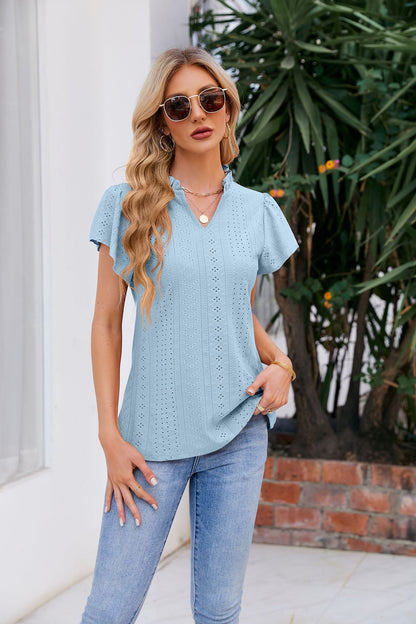 Notched Neck Puff Sleeve Blouse-Teresa&#39;s Fashionista LLC