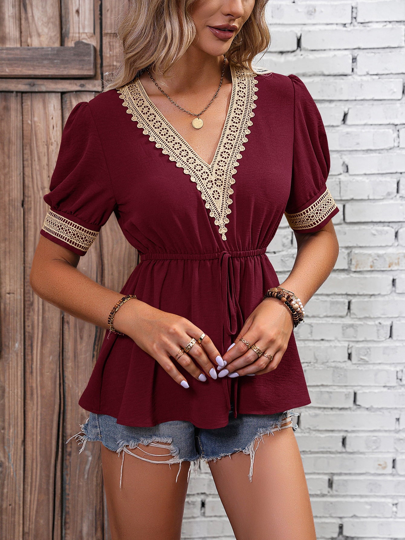 Contrast V-Neck Babydoll Top-Teresa&#39;s Fashionista LLC