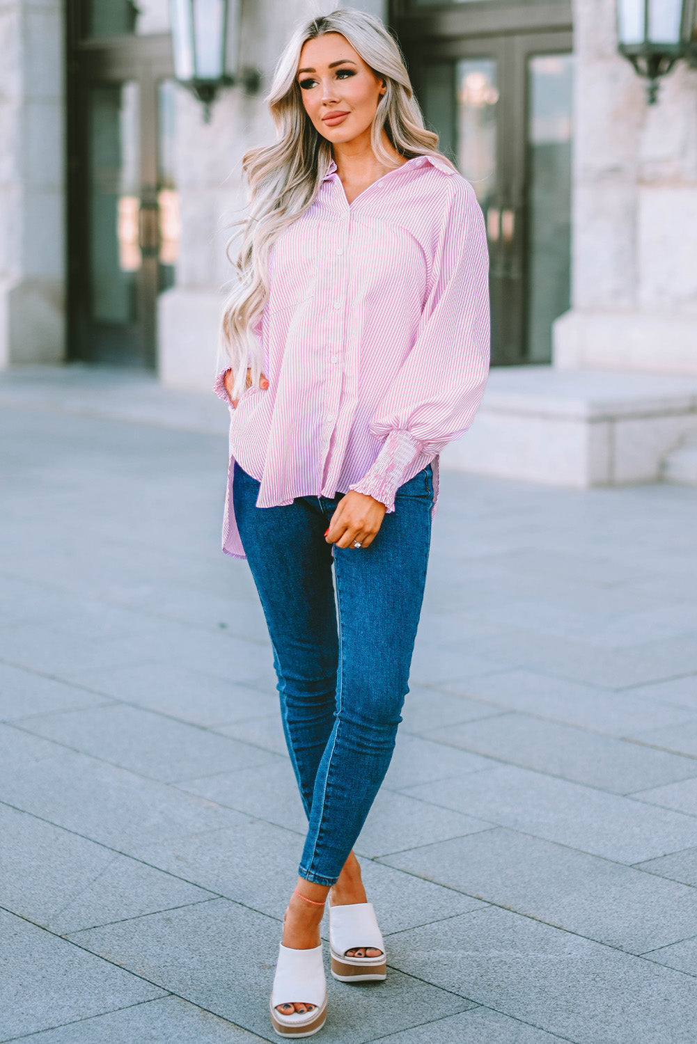 Striped Lantern Sleeve Collared Shirt-Teresa&#39;s Fashionista LLC