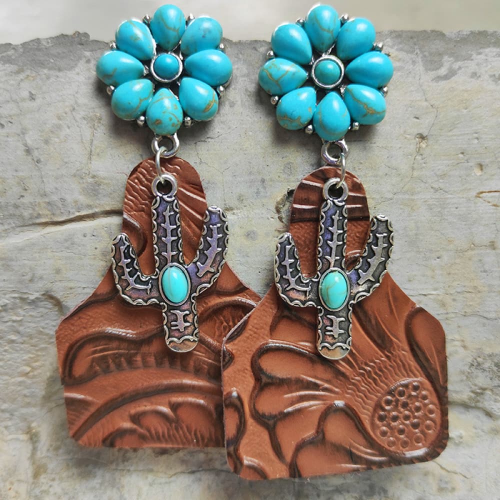 Turquoise Cactus Dangle Earrings-Teresa&#39;s Fashionista LLC