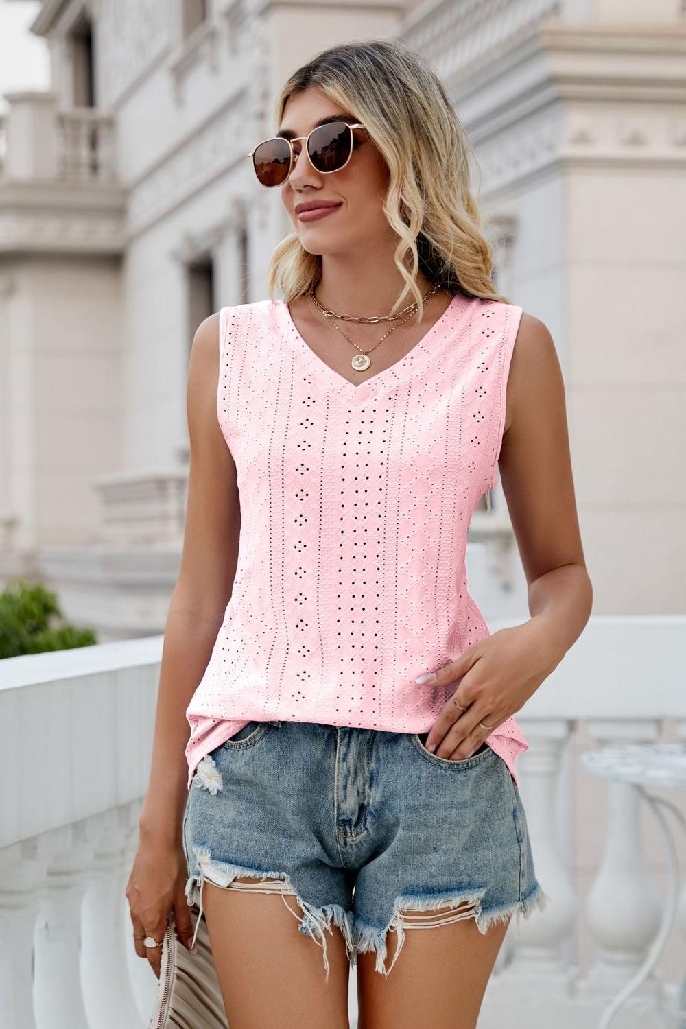 Eyelet V-Neck Tank-Teresa&#39;s Fashionista LLC