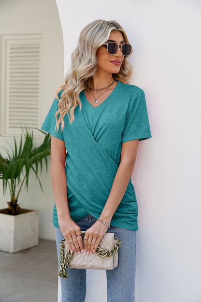 V-Neck Crisscross Short Sleeve Tee-Teresa&#39;s Fashionista LLC