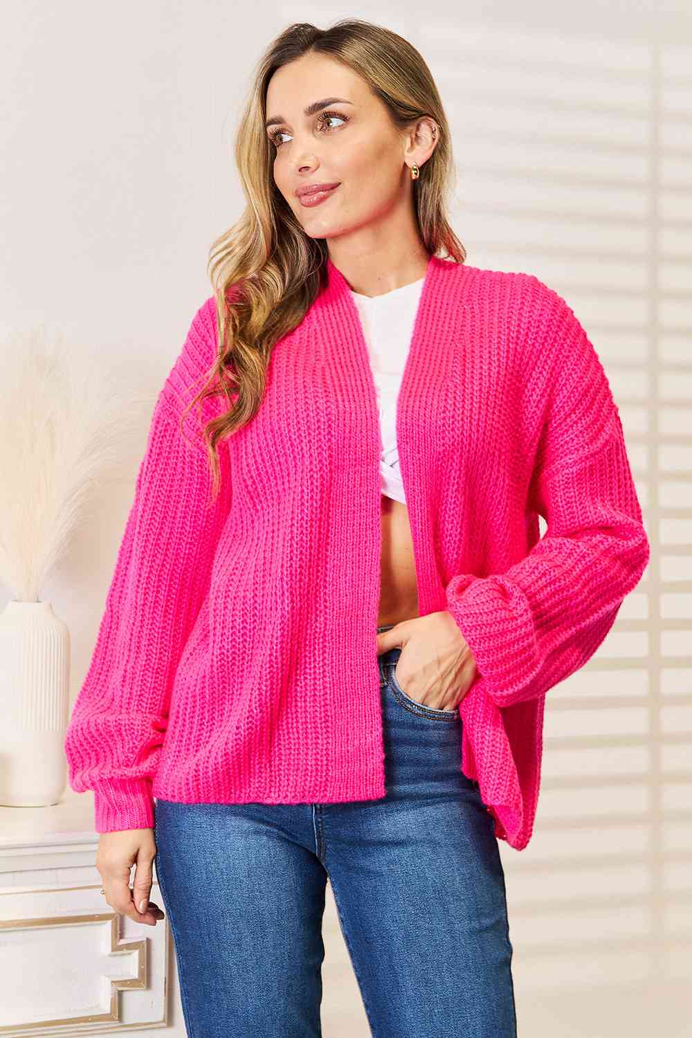 Woven Right Rib-Knit Open Front Drop Shoulder Cardigan-Teresa&#39;s Fashionista LLC