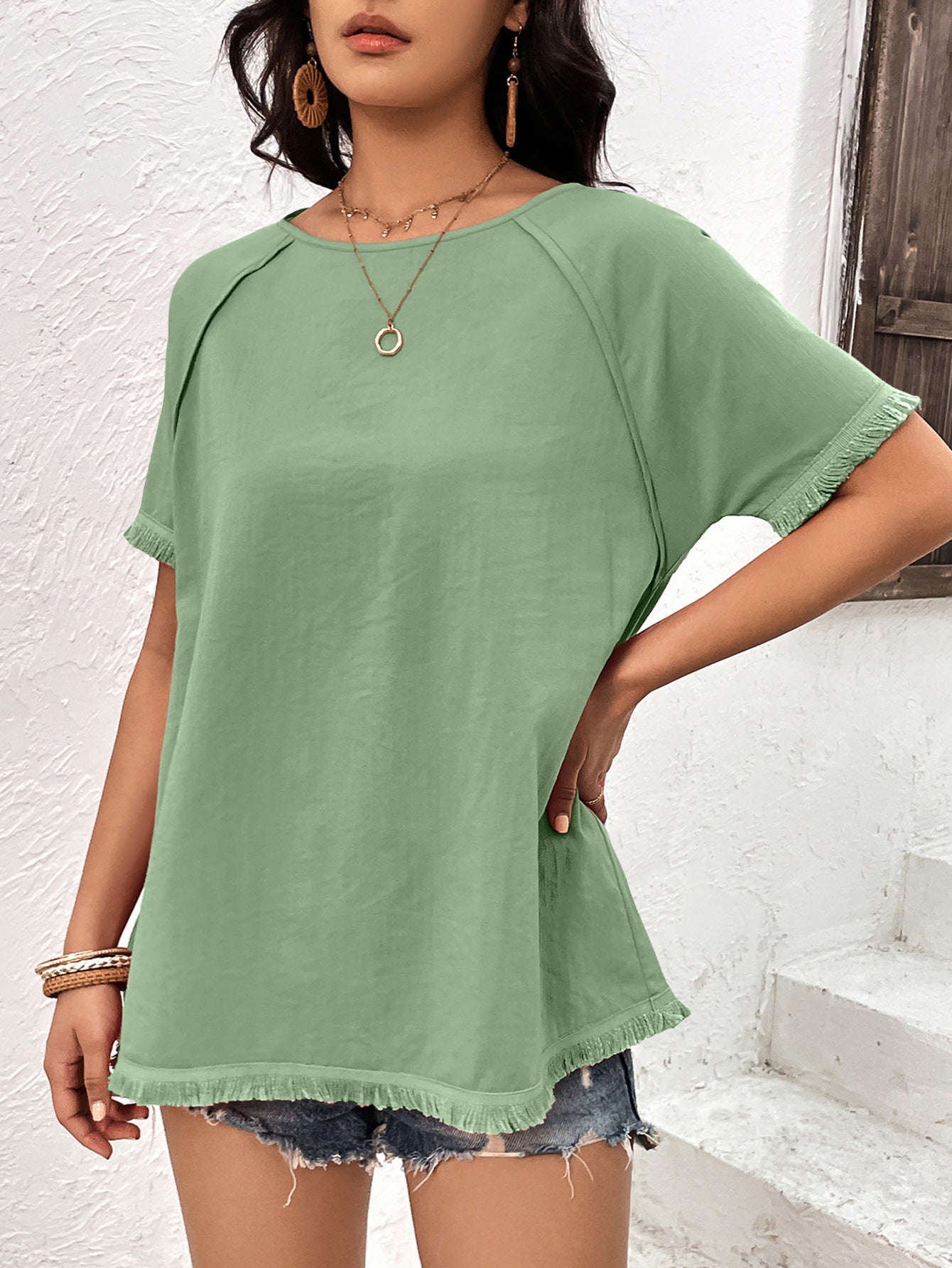 Round Neck Raglan Sleeve Fringe Detail Top-Teresa&#39;s Fashionista LLC