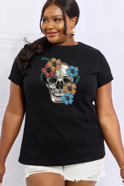 Simply Love Full Size Flower Skull Graphic Cotton Tee-Teresa&#39;s Fashionista LLC