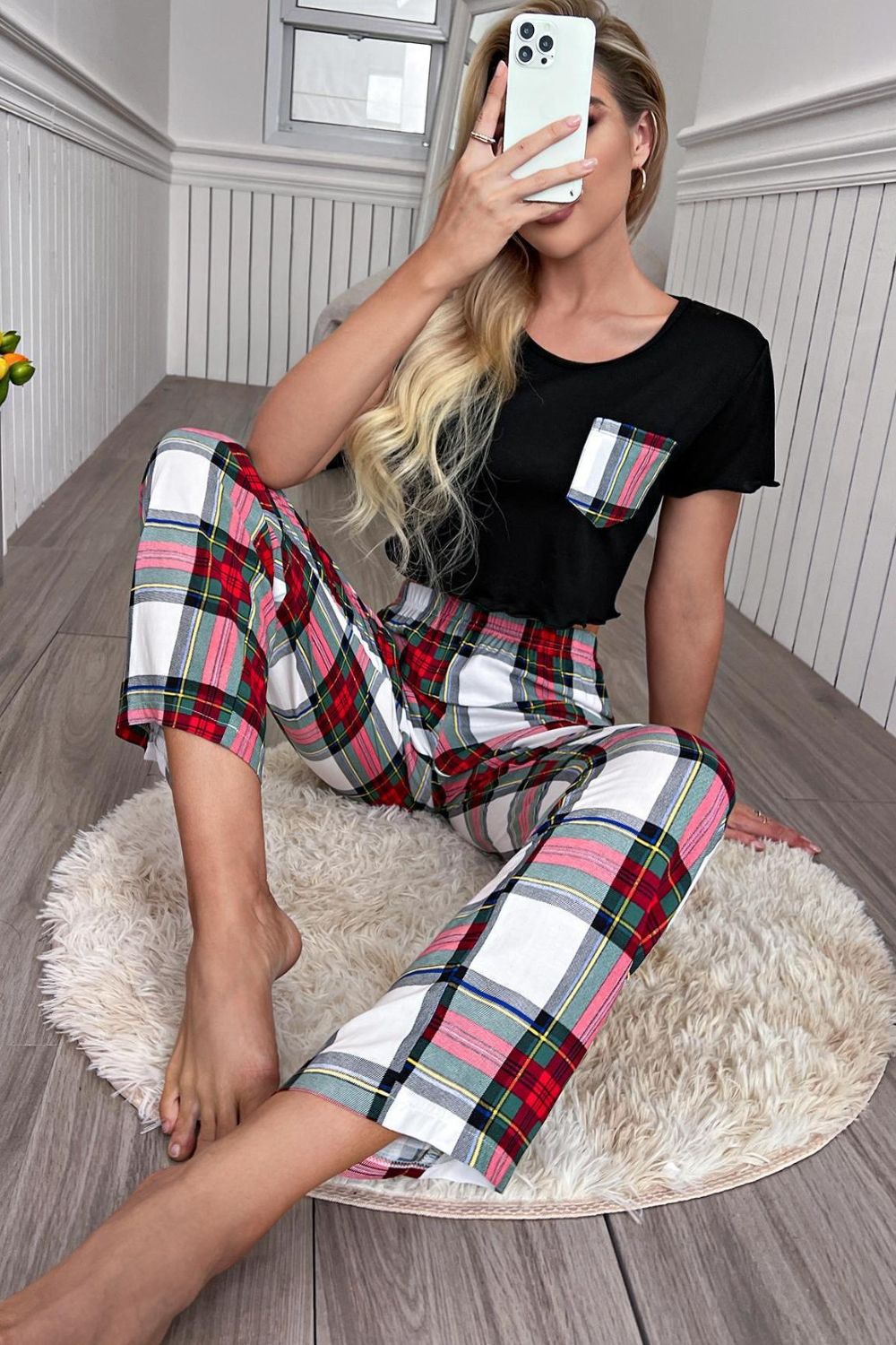 Lettuce Trim Cropped T-Shirt and Plaid Pants Lounge Set-Teresa&#39;s Fashionista LLC