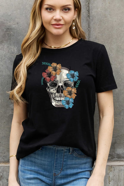 Simply Love Full Size Flower Skull Graphic Cotton Tee-Teresa&#39;s Fashionista LLC