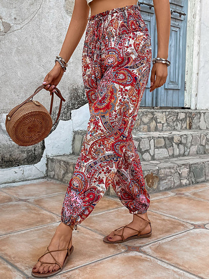 Paisley Print Smocked High-Waist Pants-Teresa&#39;s Fashionista LLC