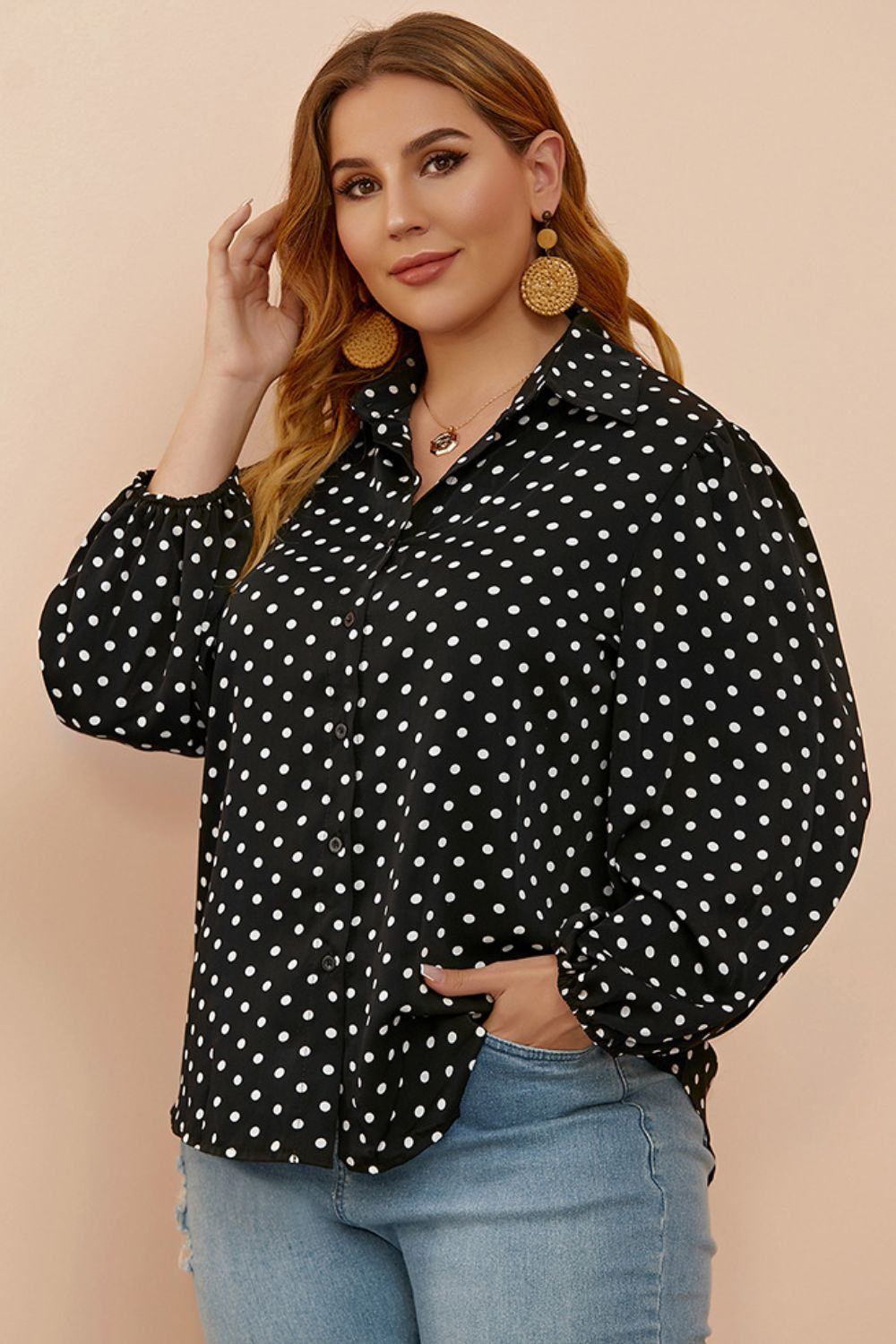 Plus Size Polka Dot Balloon Sleeve Shirt-Teresa&#39;s Fashionista LLC