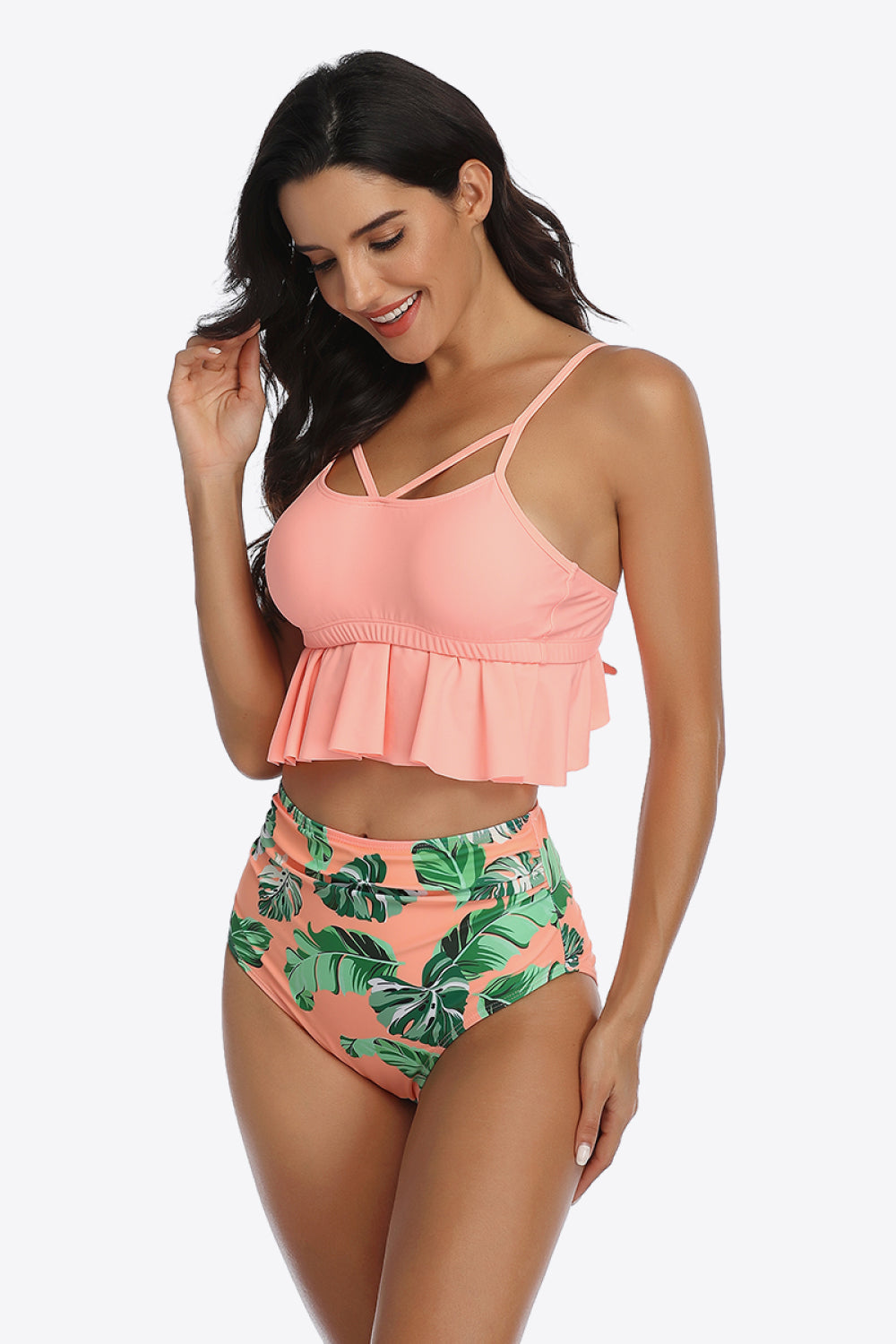 Tropical Print Ruffled Two-Piece Swimsuit-Teresa&#39;s Fashionista LLC