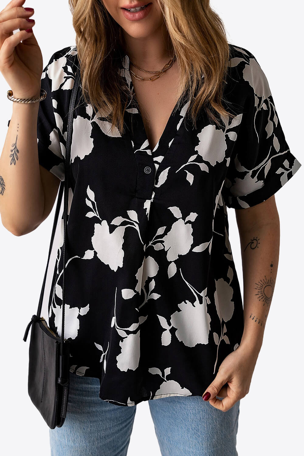 Floral Notched Neck Cuffed Short Sleeve Blouse-Teresa&#39;s Fashionista LLC