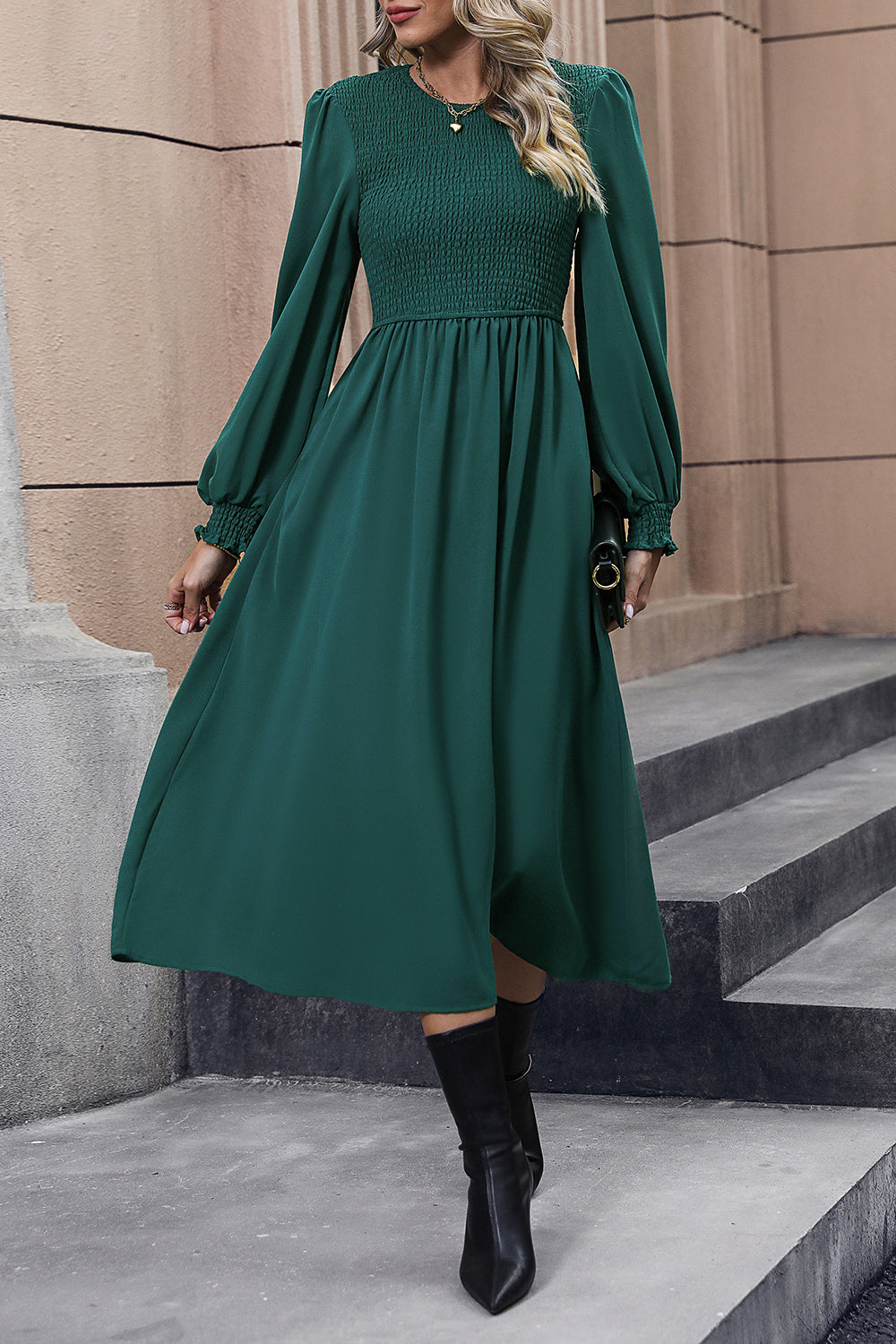 Smocked Long Sleeve Midi Dress-Teresa&#39;s Fashionista LLC