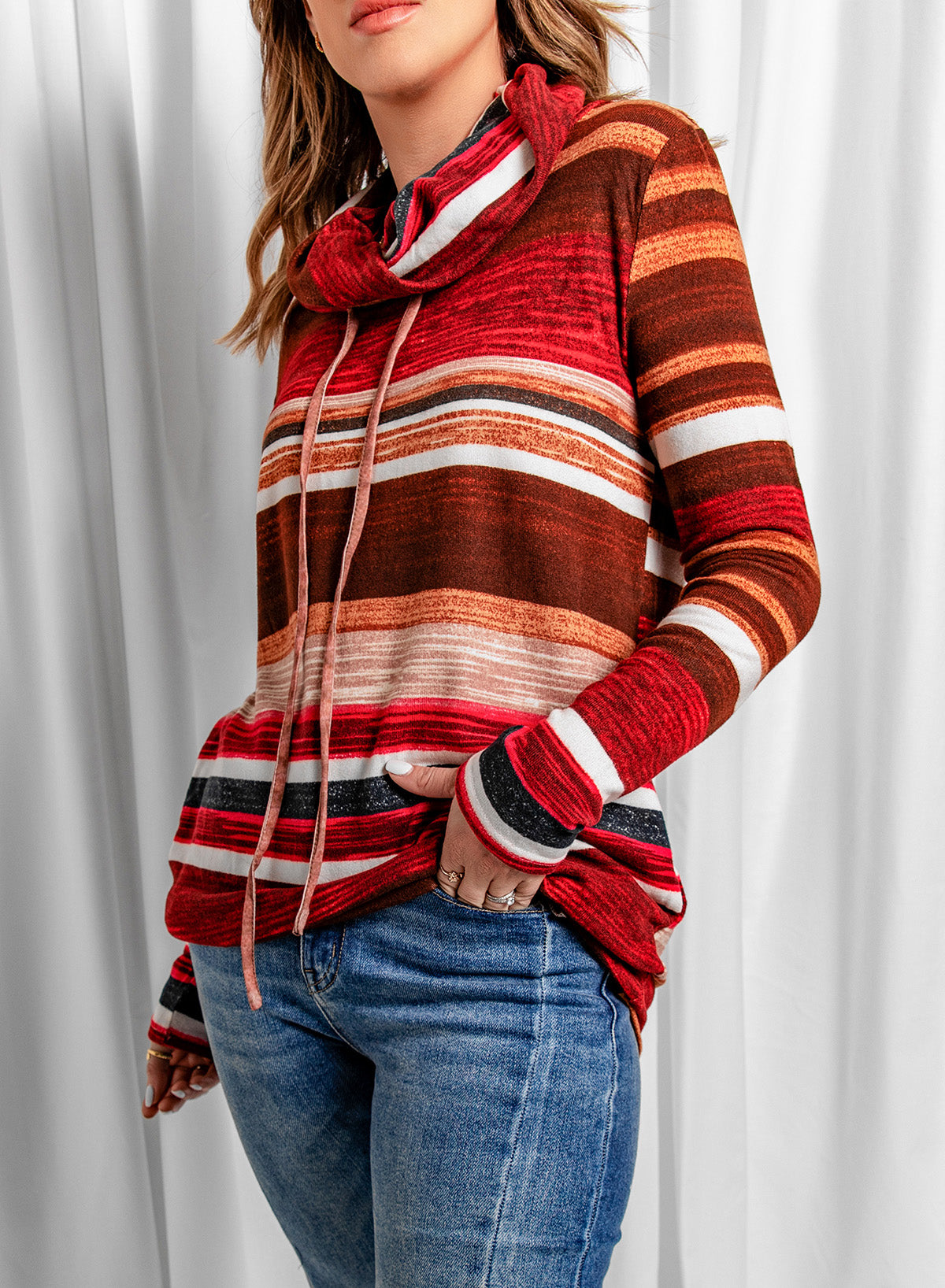 Striped Cowl Neck Tunic Sweatshirt-Teresa&#39;s Fashionista LLC