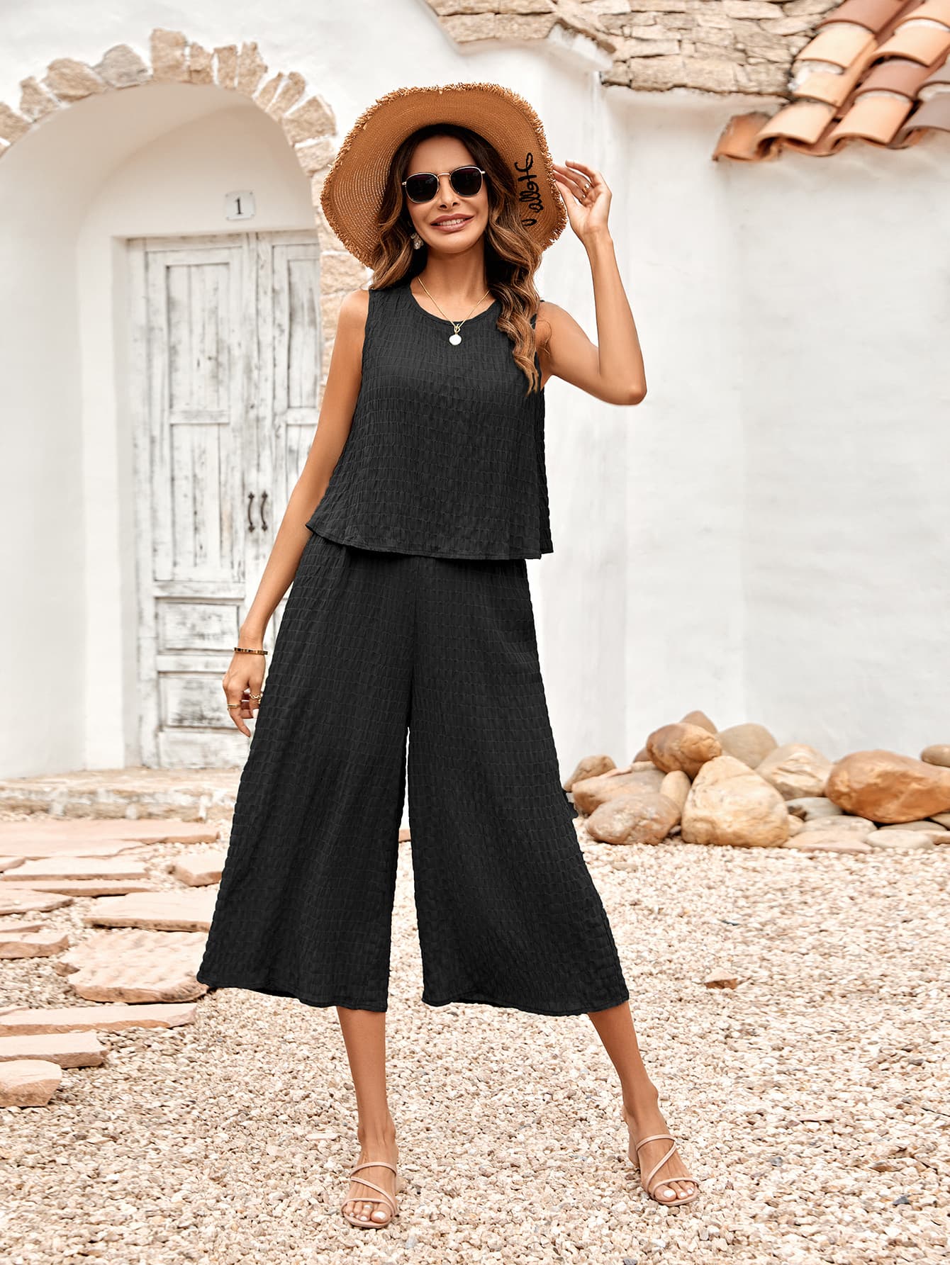 Textured Round Neck Sleeveless Wide Leg Jumpsuit-Teresa&#39;s Fashionista LLC