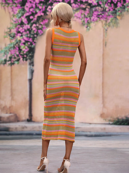 Striped Round Neck Sleeveless Midi Cover Up Dress-Teresa&#39;s Fashionista LLC