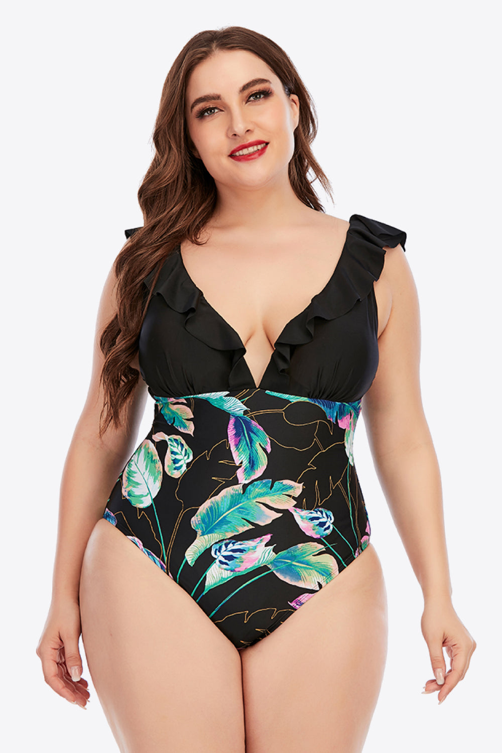 Plus Size Printed Ruffled Deep V One-Piece Swimsuit-Teresa&#39;s Fashionista LLC