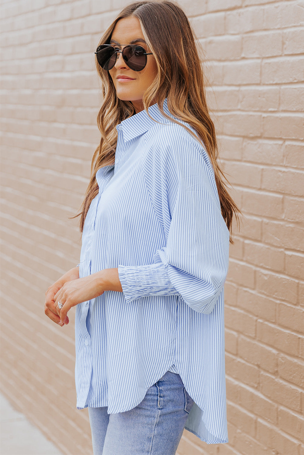 Striped Lantern Sleeve Collared Shirt-Teresa&#39;s Fashionista LLC