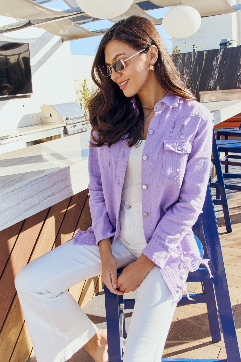 American Bazi Full Size Distressed Button Down Denim Jacket in Lavender-Teresa&#39;s Fashionista LLC