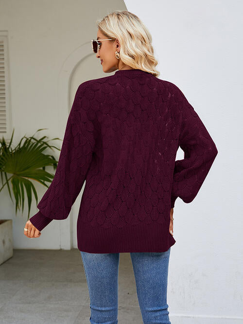 Openwork Open Front Lantern Sleeve Cardigan-Teresa&#39;s Fashionista LLC