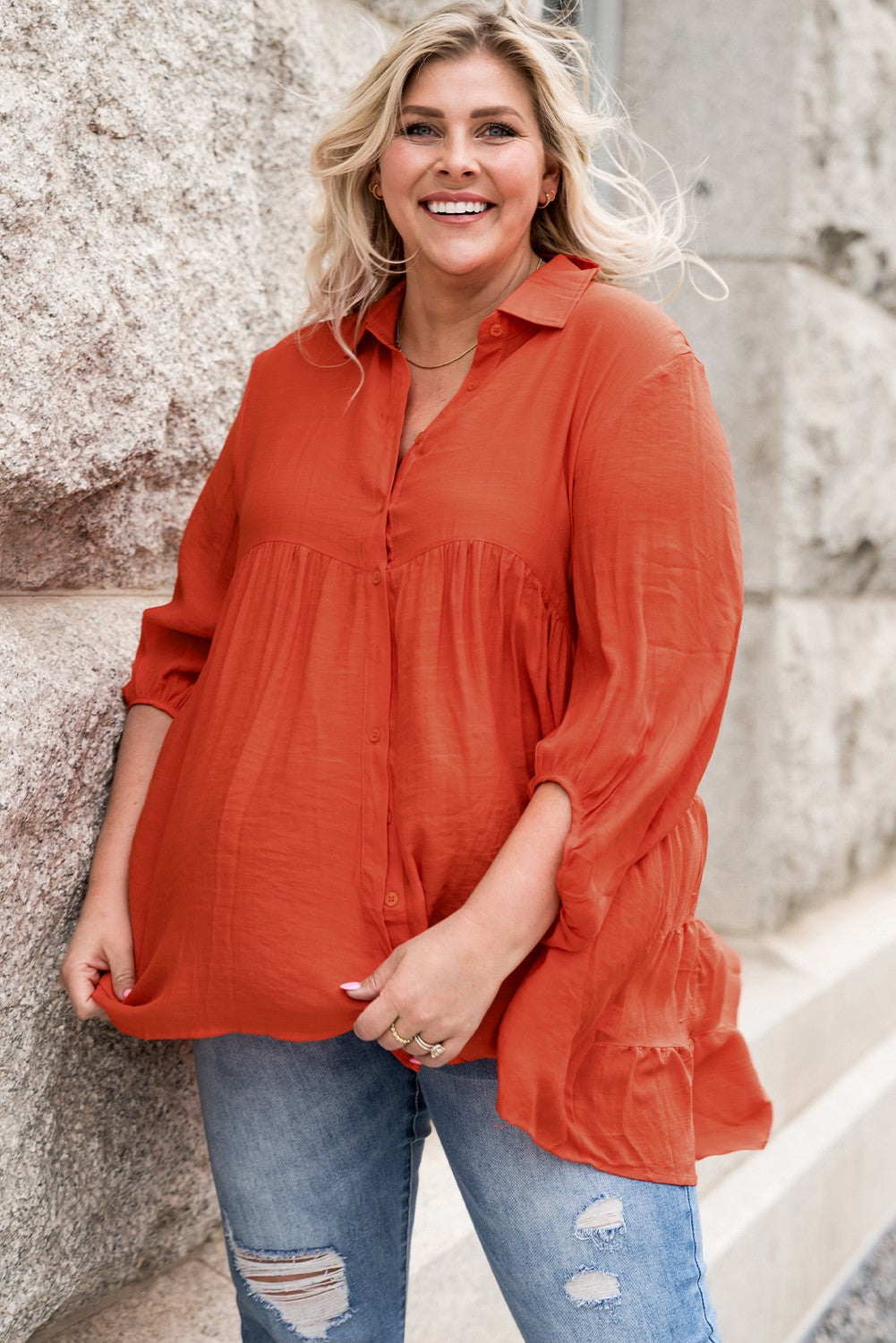 Plus Size Collared Balloon Sleeve Shirt-Teresa&#39;s Fashionista LLC