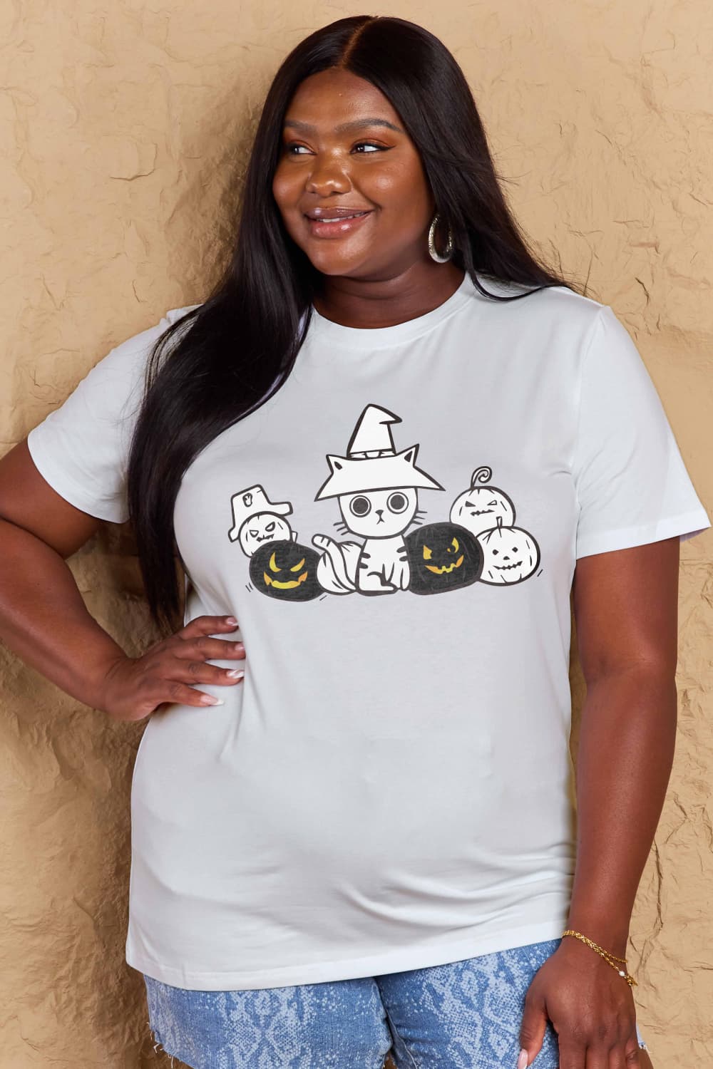 Simply Love Full Size Cat & Pumpkin Graphic Cotton T-Shirt-Teresa&#39;s Fashionista LLC