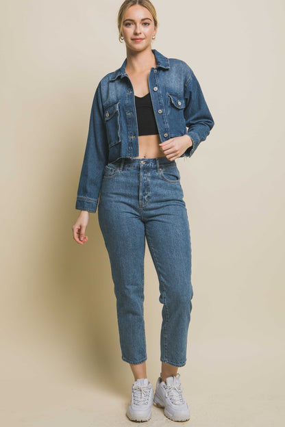 LOVE TREE Raw Hem Button Up Cropped Denim Jacket-Teresa&#39;s Fashionista LLC