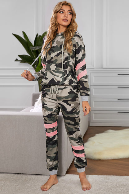 Camouflage Contrast Detail Hoodie and Joggers Lounge Set-Teresa&#39;s Fashionista LLC