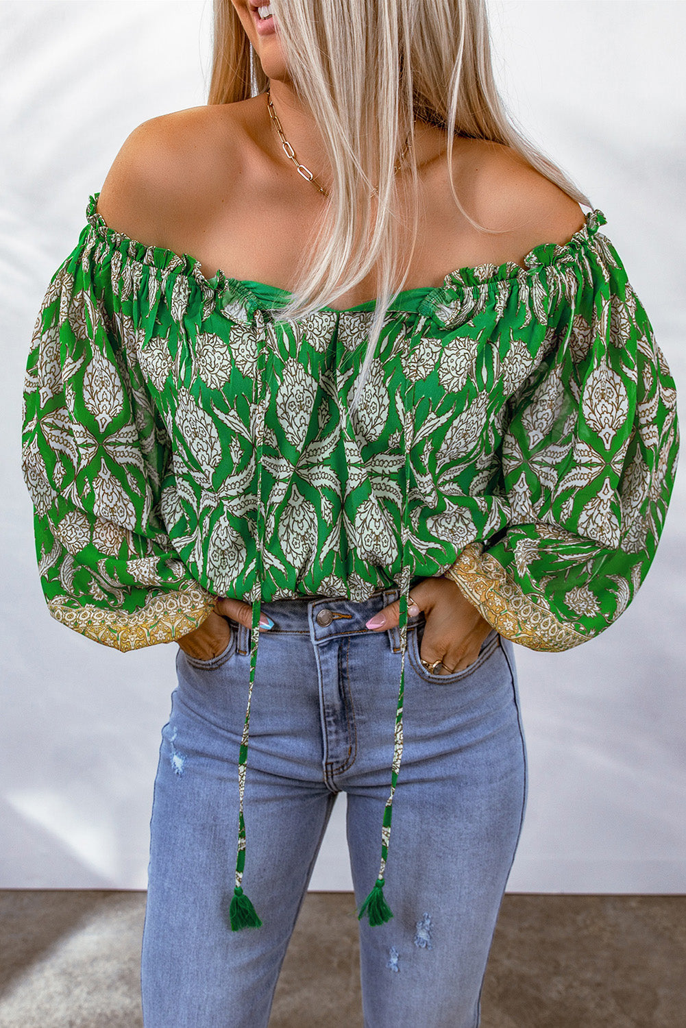 Printed Tassel Tie Balloon Sleeve Blouse-Teresa&#39;s Fashionista LLC