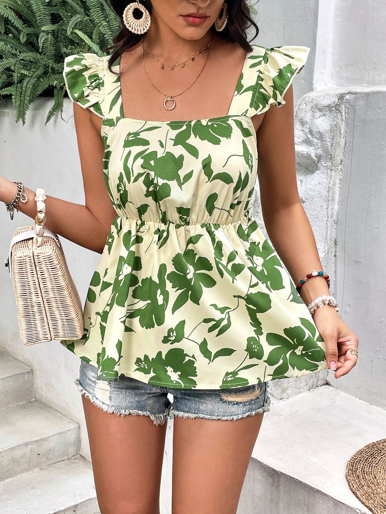 Tied Cutout Square Neck Butterfly Sleeve Babydoll Blouse-Teresa&#39;s Fashionista LLC