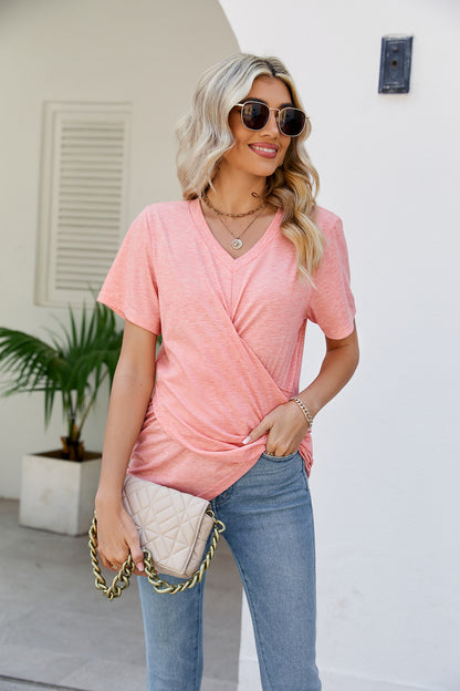 V-Neck Crisscross Short Sleeve Tee-Teresa&#39;s Fashionista LLC